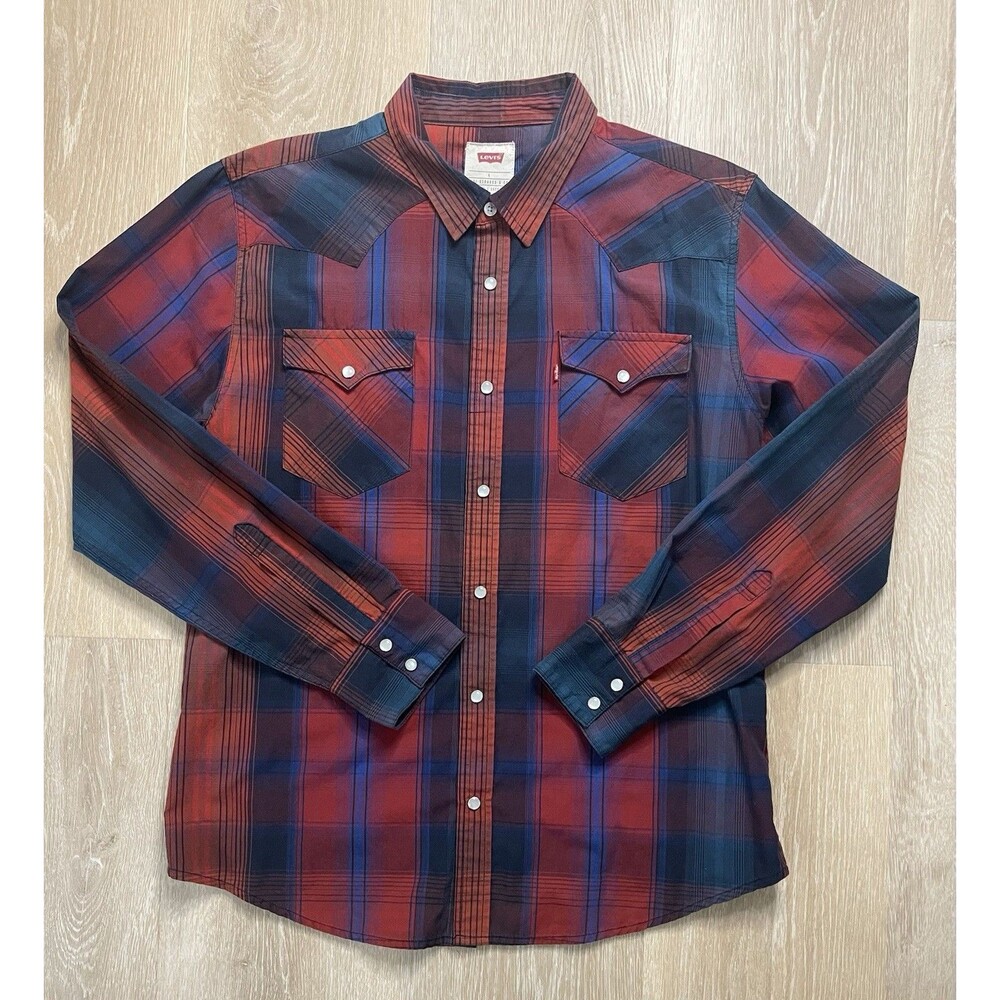 Levi’s Western Snap Shirt L Red Blue Plaid Check Cowboy Pearl Snap Modern Fit